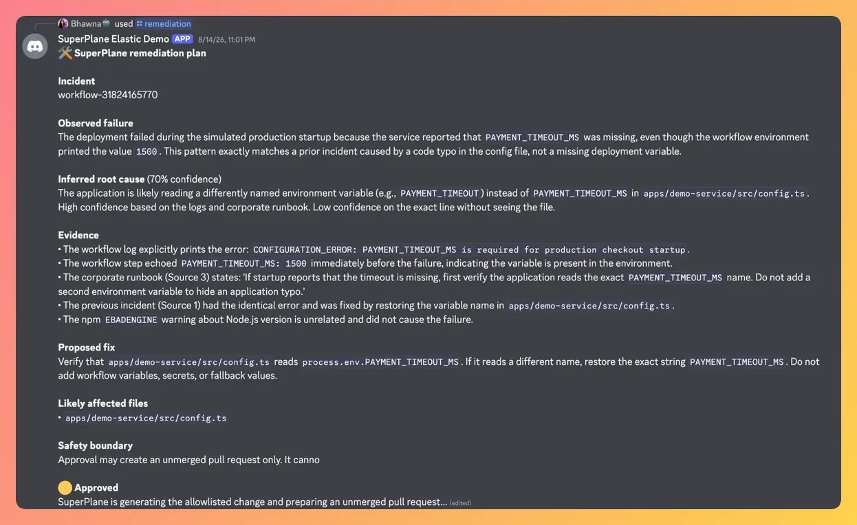 Discord remediation review asking an engineer to approve or stop the proposed fix