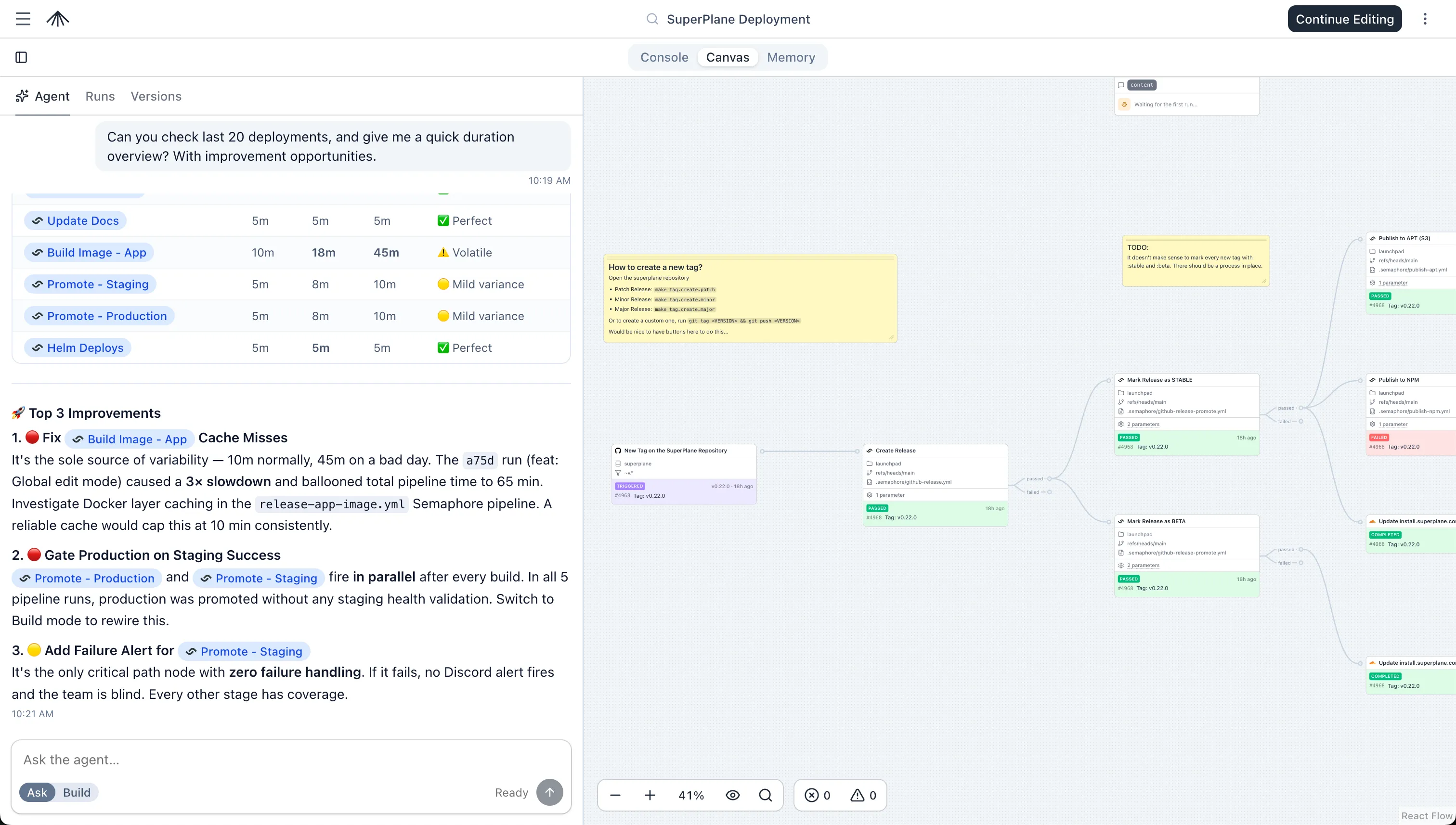 SuperPlane app with agent sidebar analyzing deployment workflow runs