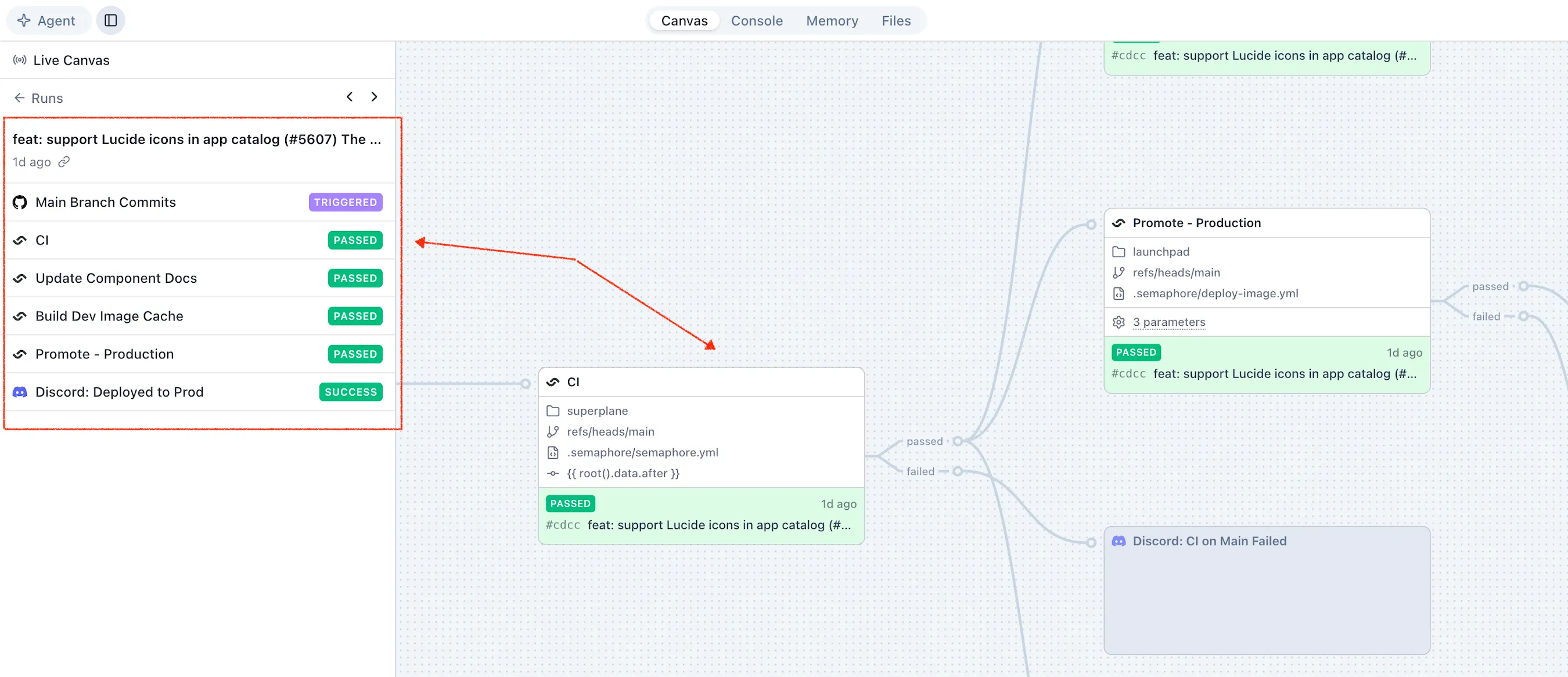 A SuperPlane canvas showing the execution path of a workflow run